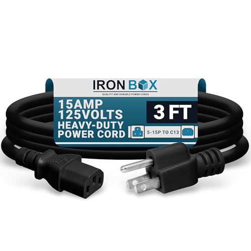 IronBox Electric - Heavy-Duty 5-15P to C13 Power Cord - 3 Prong 15A 125V 14/3 SJT PC Cable - Cord for Computer, Monitor, Subwoofer, Amplifier - Cable for Power Supply - (Black 3 Foot) - color: Black, size: 3 ft