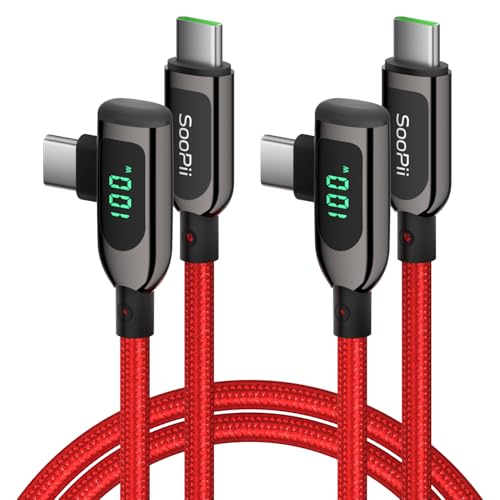 SOOPII 100W Right Angle USB C to USB C Cable,2Pack 4FT Zinc Alloy Case Nylon Braided Type-C Cable with LED Display for iPhone 17/16, lPad Air/Pro,MacBook Pro,Samsung S23/S22/S10,Pixel,LG,Red - color: Red, size: 2-Pack 4 ft