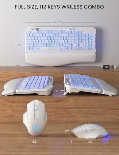 SABLUTE Wireless Keyboard and Mouse Combo - Ergonomic Wave Keyboard with Soft Leather Wrist Rest, Phone Holder, Rechargeable, RGB Backlit Mouse, Full-Size Set for Windows/Mac/Computer (White) - color: White