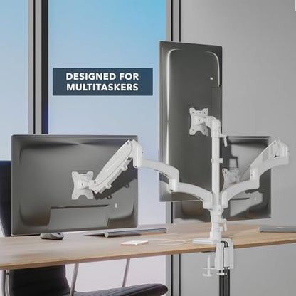 Mount-It! Triple Monitor Desk Mount, 13-27" Screens, White | Gas spring arms with VESA 75 & 100 compatibility, clamp or grommet base, built-in USB-A and USB-C ports. - color: White