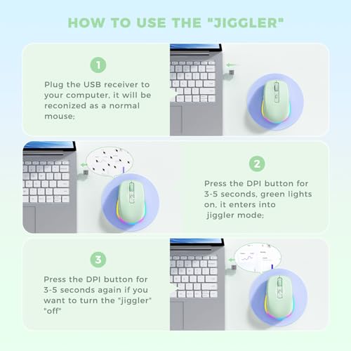 PEIOUS Wireless Mouse Jiggler - Keep Computers Awake, Light Green | Rechargeable LED Mouse, Silent Clicks, Adjustable DPI and Random Movement Keep Computers Awake for Laptop/PC/Mac - color: Light Green