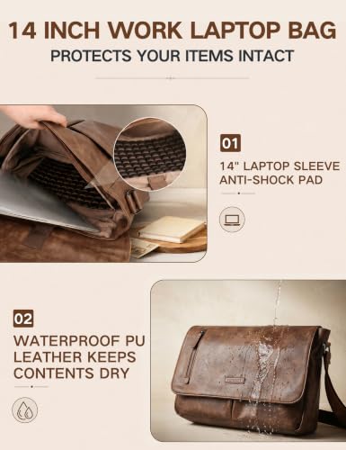VX VONXURY Messenger Bag for Men, Pu Leather 14 Inch Laptop Briefcase Bag for Work Bussiness and School,Brown - color: 14 Inch Brown