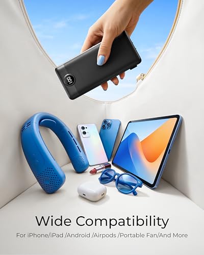 VEGER Portable Charger with Built-in AC Plug and Cables, All in One 10000mAh Ultra Slim Power Bank Travel Essentials, USB C External Battery Pack Compatible with iPhone, Samsung, Android, Black - color: A Black