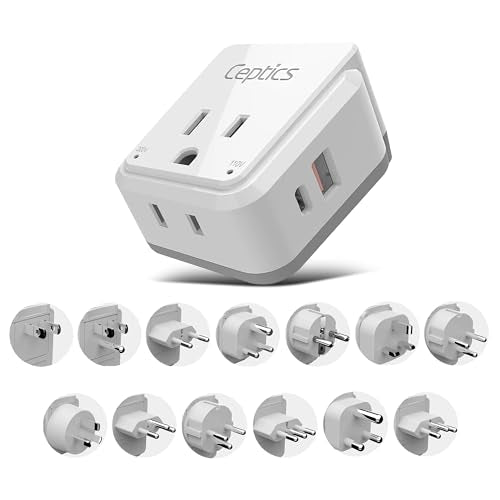 Ceptics International Power Plug Adapter Travel Set, 20W PD & QC, Safe Dual USB & USB-C 3.1A - 2 USA Outlet - Compact - Use Europe, Asia, Africa In Worldwide - Includes 13 Type SWadAPt Attachments - color: Cherry White