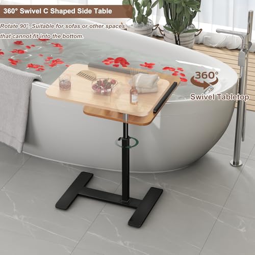 Adjustable Height C Shaped Side Table,360°Swivel Overbed Table,Top Tilting Laptop Stand Table with Hidden Wheels,Mobile Couch End Tables that Slide under,Rolling TV Coffee Table for Sofa/Bed (wood) - color: Wood
