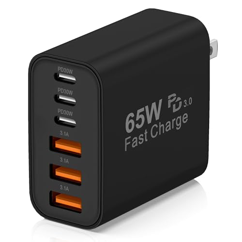 65W USB C Charger Block,6-Port Multi Device Fast Charger PD QC Wall Adapter | GaN technology saves space and reduces heat,ideal for home,office,travel,wide compatibility for iphone and USBC devices（Black - color: Black, size: 65w