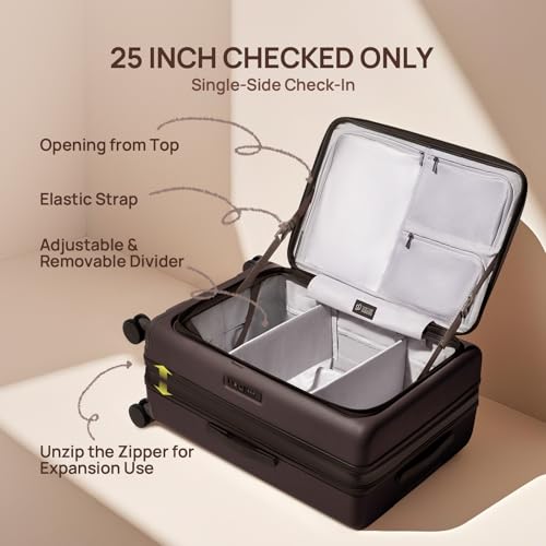 NINETYGO Medium Checked Luggage 25 Inch, Flat Top Opening Check In Luggage with Cup Holder, Expandable, Coffee-Infused PC Hard Shell, Eco-Friendly, TSA Lock, 360° Spinner Wheels (Flat White) - color: 03-Oats Flat White, size: Checked 25-Inch (Top Opening,