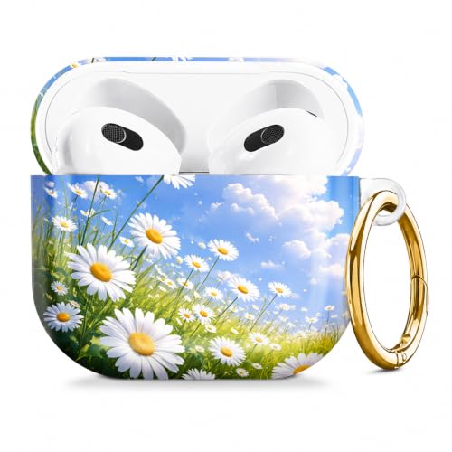 Compatible with AirPod 4 Case 2024, Cute Hard Plastic Protective Cover for Airpod 4th Generation Women, Shockproof Shell Skin with Gold Ring Keychain,Daisy Field Sky Clouds Green - color: Daisy Field Sky Clouds Green