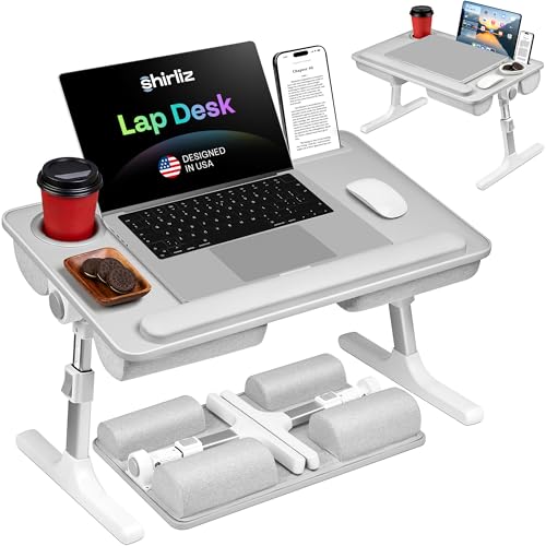 Lap Desk with Legs & Cushions: 2-in-1 Foldable Bed Desk for Adults - One-Touch Height Adjustment, Bed Table Tray Hold: up to 15.6“ Laptop, Mouse Cup Phone - Laptop Stand Desks for Bed (Gray) - color: Gray
