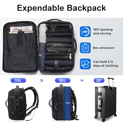 JODEBES 35L-50L Expandable Business Laptop Backpack, Waterproof - Black | Fits 17" Laptop, Daypack with Breathable Back Panel for Men & Women, TSA Carry On Bag for Travel & Work Commuting - color: 6940w-black