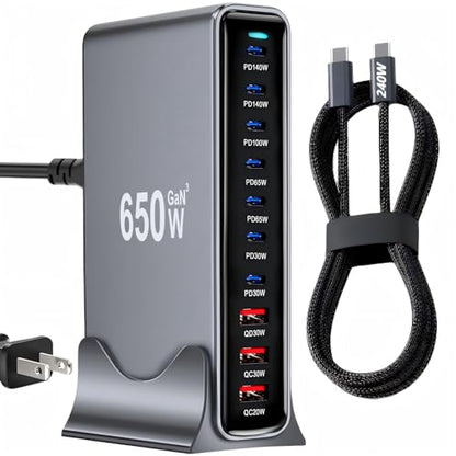 650W USB C Fast Charger Block,Dual PD 3.1 140W USB Charging Station, GaN Ⅲ Multi-Port PD PPS Fast Charging Station for Multiple Devices,Laptop Wall Charger Compatible with MacBook iPad iPhone 17 etc - size: 650W+A 240W Braided Nylon Fast Charging Cable