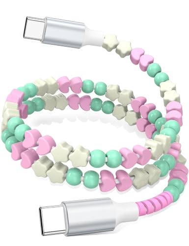 USB C to USB C Cable 3FT,60W Fast Charging Beaded Charger Cord for iPhone 17 16 Pro Max 15/iPad Pro 11 Air for Samsung S26 S25 S24 A17/Android Phone Charge Cord Cute Girl Women,Mint+Pink Heart Beaded - color: Mint-Pink Star Heart Beaded, size: 3FT/1M