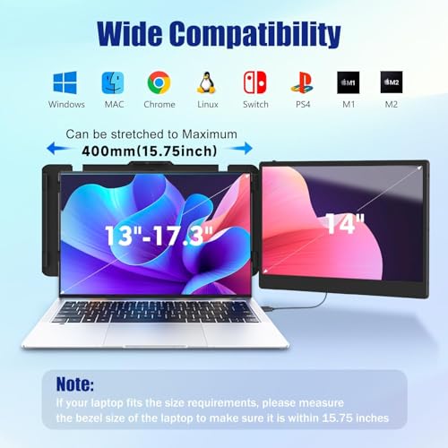 KEFEYA Laptop Screen Extender, 14" FHD 1080P IPS Laptop Monitor Extender Dual Screen, Portable Monitor for Laptops 13-17" with USB-C/HDMI Port, Plug n Play for Windows/Mac/Android/Switch/PS5 - size: 14” Screen Extender