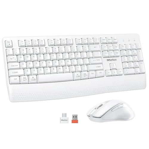 MEETION White Wireless Keyboard and Mouse Combo, Full-Size with Wrist Rest | 2.4GHz USB receiver, 3 adjustable DPI mouse, comfortable typing, compatible with Windows, Mac, PCs and laptops - color: White