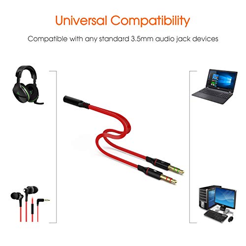 Maeline Headphone Splitter Adapter for Computer 3.5mm Female to 2 Dual 3.5mm Male Headphone Mic Audio Y Splitter Cable Smartphone Headset to PC Adapter (2 Pack, Red)