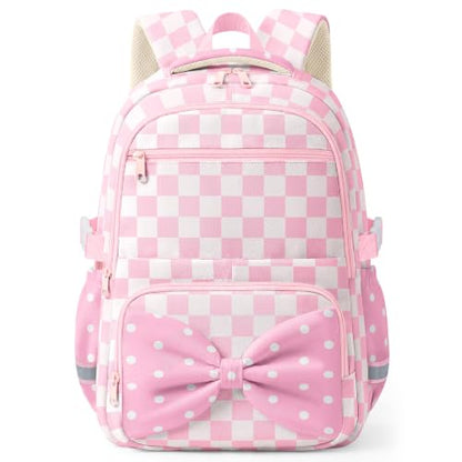 WOBAGMEN Printed Backpack for Adult Women with Bow| Water-Resistant Printed school bag, Spacious Storage for Elementary and Middle School Students（Pink Gingham） - color: Pink Gingham