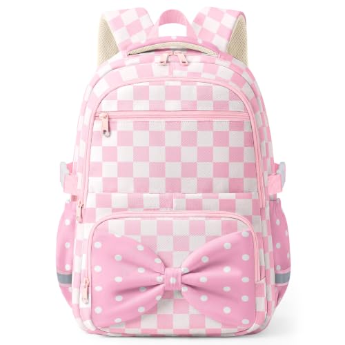 WOBAGMEN Printed Backpack for Adult Women with Bow| Water-Resistant Printed school bag, Spacious Storage for Elementary and Middle School Students（Pink Gingham） - color: Pink Gingham