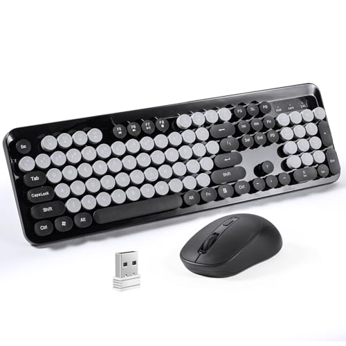 Wireless Keyboard and Mouse Combo, 104 Round Keys Colorful Full Size Keyboard and Mouse with 2.4GHz USB Receiver for PC/Laptop/Tablet/Computer/Windows, Black - color: Black+Mouse