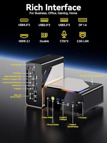 GMKtec AI Mini PC Ultra 9 285H (Turbo 5.4GHz) 32GB DDR5 1TB PCIe 4.0 SSD | Mini Gaming Computer 3X M.2 Expansion Slots, Oculink, Quad Screen 8K Display EVO-T1 - size: 32GB+1TB I 285H
