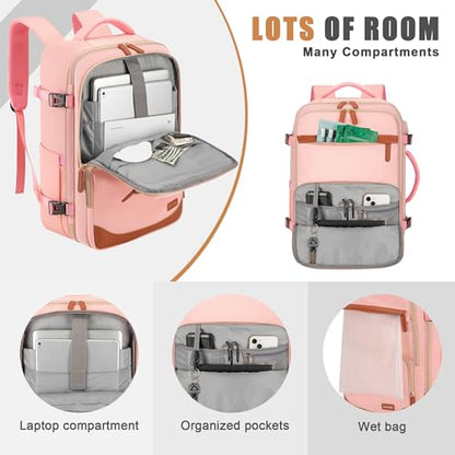 40L Travel Backpack, Flight Approved Carry On Laptop Backpack | Water-resistant, Personal Item Travel Bag, Fits 15.6/17.3 inch Laptop, Hiking, Camping, Business, Commute, Men & Women - color: Pink, size: Large