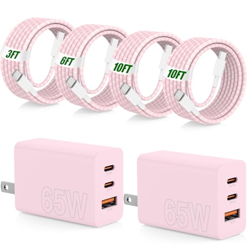 65W Super Fast Charger Type C for Samsung,3 Port 100W Quick Charging 3.0 USB C Block & 3/6/10/10FT Braided Type C Cord for Samsung Galaxy S26 Ultra/S26/S25 Ultra/iPhone 17 Pro/MacBook Pro/Air-Pink - color: Pink, size: 10FT+10FT+6FT+3FT