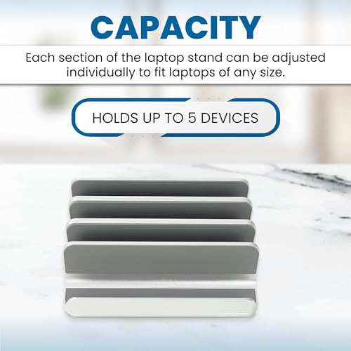 Elestoria 5- Slot Vertical Laptop Stand - Aluminum Laptop Stand Vertical for Desk - Fits MacBook Pro/Air, Surface, Mobiles & Gaming Laptops up to 17.3" - Heavy Duty Laptop Holder for Desk - (Silver) - color: Silver