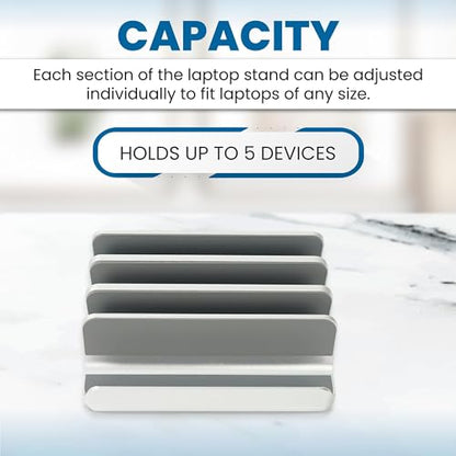 Elestoria 5- Slot Vertical Laptop Stand - Aluminum Laptop Stand Vertical for Desk - Fits MacBook Pro/Air, Surface, Mobiles & Gaming Laptops up to 17.3" - Heavy Duty Laptop Holder for Desk - (Silver) - color: Silver
