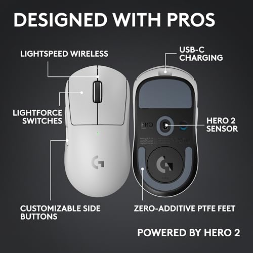 Logitech Pro X Superlight 2c Wireless Gaming Mouse 51g Compact - White | Compact mini size, symmetrical shape, <8 kHz polling, 44K DPI, PowerPlay charging, USB-C, 5 buttons, PC/Mac - color: White, size: Compact, style: Mouse
