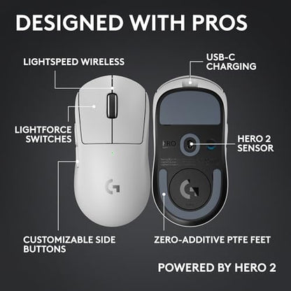 Logitech Pro X Superlight 2c Wireless Gaming Mouse 51g Compact - White | Compact mini size, symmetrical shape, <8 kHz polling, 44K DPI, PowerPlay charging, USB-C, 5 buttons, PC/Mac - color: White, size: Compact, style: Mouse