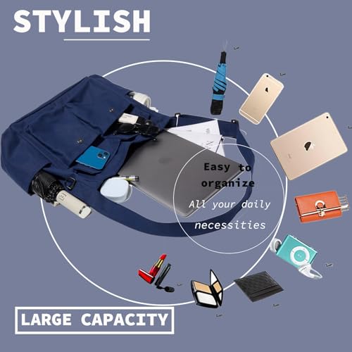 Canvas Messenger Bag Large Hobo Crossbody Bag with Multiple Pockets Casual Shoulder Tote Bag for Women and Men - color: Navy