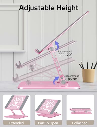 Aluminum Laptop Stand Adjustable Height & Angle | Ergonomic Riser for MacBook, Notebook & Tablet | Foldable, Portable, Ventilated Design for Office, Home, Travel – Fits 10"-15.6" Devices,Pink - color: Pink