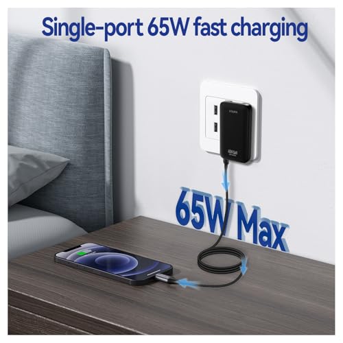 65W Flat USB C Wall Charger,2 Port Ultra-Slim USB C GaN Charger with Foldable Plug for MacBook, iPhone 16/15/14/13/12/11/Pro Max/XS/XR,Galaxy S24/S23/Note20,Includes 2.28ft Fast Charging Cable,Black - color: Black-Cable