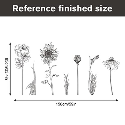 Black Simple Flower Plant Wall Decals, 2 Sheets Large Boho Floral Modern Wall Stickers Peel Stick Sketch Wildflower Wallpaper Art Decor for Bedroom Living Room Office Gifts for Mom(11.8x35.4 in/Sheet) - style: Black Simple Flower Set