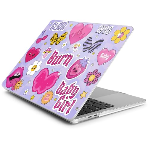 Batianda LumiArt Case for MacBook Air 13.6" M2-M5 Chip, Y2K Sticker | 4-in-1 set with cute fun Y2K sticker design, ultra slim hard shell protection for girls, teens, students and fun style lovers - color: Y2K Pink Collage