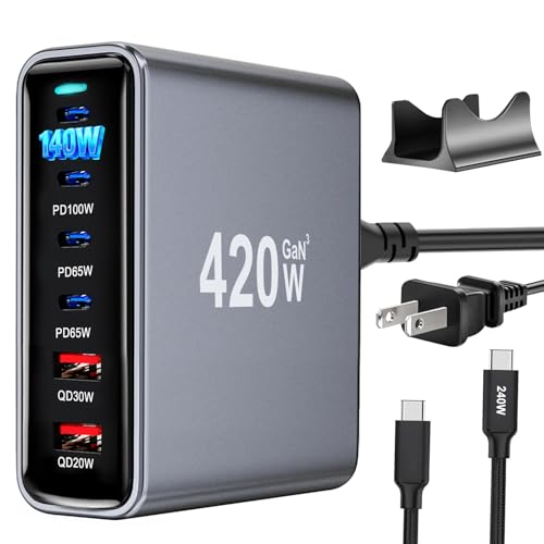 420W USB C Fast Charger Block, PD3.1 140W Multi-Port USB Charging Station, GaN Ⅲ PD PPS Fast Charging Station for Multiple Devices,Laptop Wall Charger Compatible with iPhone 17/iPad/MacBook etc - size: 420W+A 240W Braided Nylon Fast Charging Cable