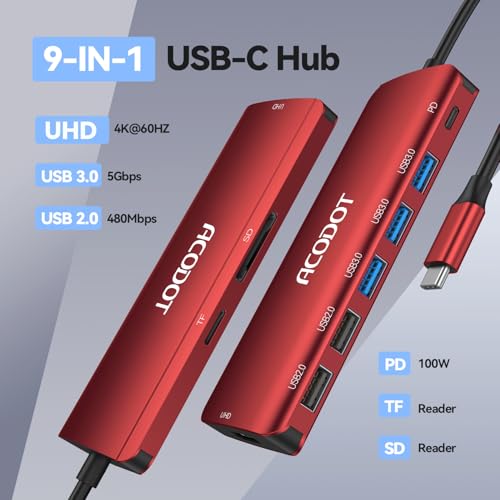 USB C Hub, 9-in-1 Multi-Port USB Adapter, 4K@60Hz HDMI, 100W Max PD, 3 USB3.0(5Gbps) + 2 USB2.0 Data Ports, SD/TF Card Reader for MacBook, iPad Pro, Dell, HP, Lenovo, Windows Laptop, Red - color: Red