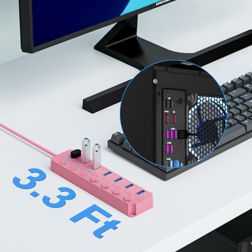 USB Hub 7 Port, USB Splitter with Individual On/Off Switches and Lights | USB 3.0 Hub with 3.3ft Cable, Extender for A Port Laptop, PC, Desktop-Pink - color: Pink