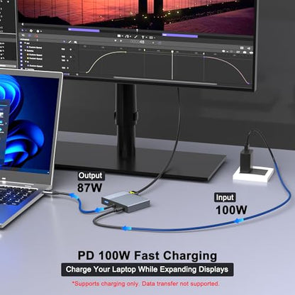 USB C to Dual HDMI and DisplayPort Adapter with PD 100W/USB3.0, 5 IN 1 USB C Docking Station 3 Monitors, 4K@60Hz HDMI Splitter Extended Display for Dell/HP Laptop, DP MST/SST Hub for Multiple Monitors