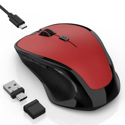Bluetooth Wireless Mouse, 2.4G Ergonomic Rechargeable Computer Mouse for MacBook Air iPad Pro PC with Jiggler Mode, 3 DPI Levels & Forward/Back Buttons Laptop Mice for Office/Home/School - Red - color: Bluetooth Wireless Mouse (Red)
