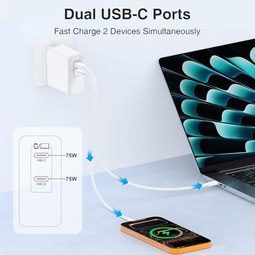 USB C MacBook Charger for MacBook Pro/MacBook Air 16 15 14 13 Inch 2025 2024 2023 2022 2021 2020 2019 M5 M4 M3 M2 M1,2Pack 75W USBC Laptop Power Adapter with 3+6+6+10ft USBC Cable for iPhone 17/16/15