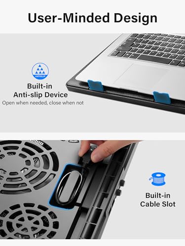 Kootek Laptop Cooling Pad Cooler Stand with 5 Quiet Fans for 12"-17" Laptop | 5 Fans, USB Powered, Laptop Cooling Stand with 2 USB Hub, 6 Adjustable Height, 360° Cooling Coverage, Anti-Slip, Blue LED - color: Blue