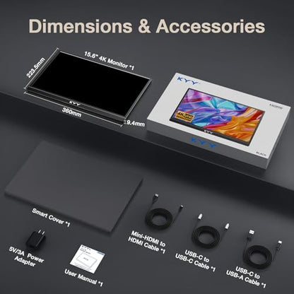 KYY 4K Portable Monitor – 15.6" UHD IPS Travel Display, Slim & Lightweight Design, HDMI & USB-C Inputs, Perfect for PS5, Xbox, Switch, Laptops, Phones, and On-the-Go Professionals, K5 - color: Metallic