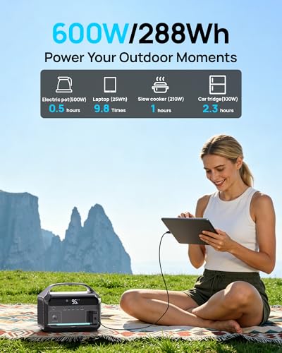 DaranEner Portable Power Station 600W, 288Wh LiFePO4 Battery Backup Power w/2×600W AC Outlets (1200W Surge), 2.2H Fast Charging, Solar Generator for Outdoor Camping/RVs/Home Emergency (Solar Optional) - color: Black Grey