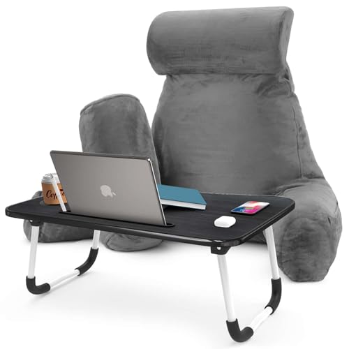 Nestl Reading Pillow with Portable Laptop Lap Desk - Shredded Memory Foam Back Support Pillow for Sitting Up in Bed and Couch Rest Pillows with Arms, Bed Tray Table with Foldable Legs, Grey - color: Grey, size: Large