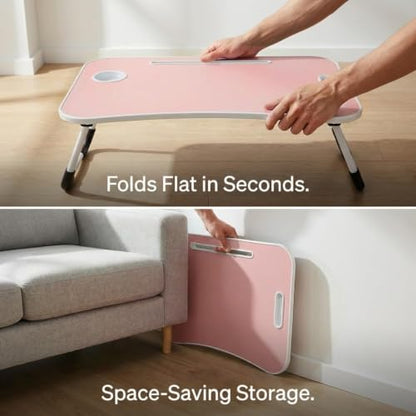 BUYIFY 23" Foldable Lap Desk for Laptop Writing w/Cup Holder Pink | Sturdy and Durable, Laptop Bed Desk with Tablet Slot, No Assembly, Space Saving for Bed Couch Dorm WFH Students - color: Pink