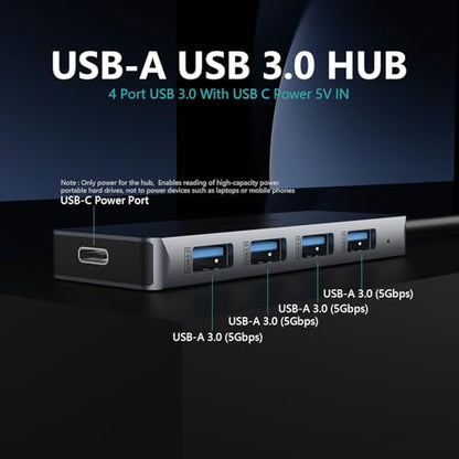 USB 3.0 Hub 4 Ports with USB-C Power Port, High-Speed Data Hub & Extender for Laptop, Desktop, PC - Compatible with Windows, Linux, HP (USB-A)