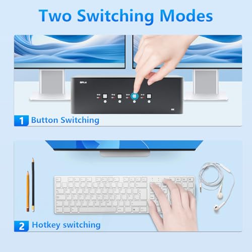KVM Switch 3 Monitors 4 Computers, 8k Displayport Switch with USB 3.0, Jack, 4 Computers Share a Set of Keyboard, Mouse, Support Windows/Mac/Linux (Triple Monitor)