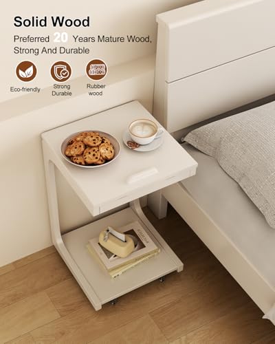 AQIMUELE Wooden C-Shaped End Table,Couch Table with Adjustable Desktop,Small Rolling Side Table with 2 Lockable Wheels,Small End Table for Couch, Living Room,Bedroom (White) - color: White, size: 15.6"D x 15.7"W x 24.8"H, style: Modern 2 Tier