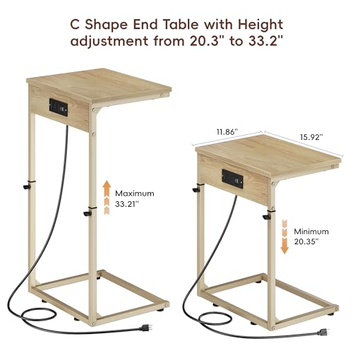 C Shaped End Table with Charging Station, Adjustable Height Side Table for Couch, Small Side Table, 33.2'' Tall Couch Tables that Slide Under, Tv Tray End Table for Living Room, Natural - color: Natural (1 Pack), style: With Plug