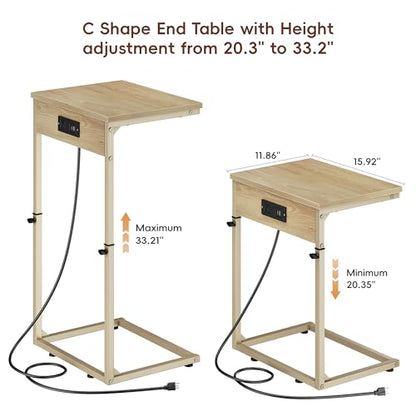 C Shaped End Table with Charging Station, Adjustable Height Side Table for Couch, Small Side Table, 33.2'' Tall Couch Tables that Slide Under, Tv Tray End Table for Living Room, Natural - color: Natural (1 Pack), style: With Plug